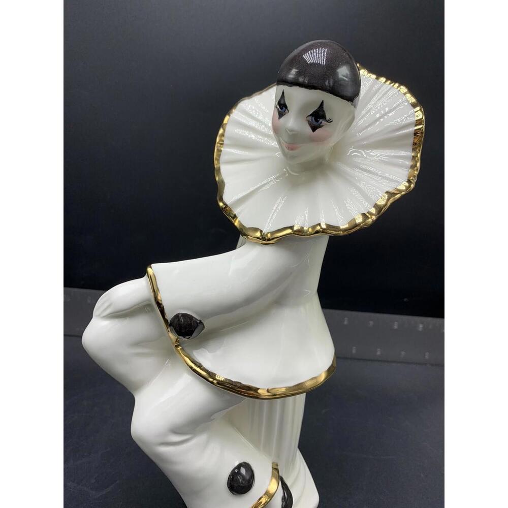 Vintage Pierrot Clown Ceramic Hand Painted Unique White Black Gold Paint